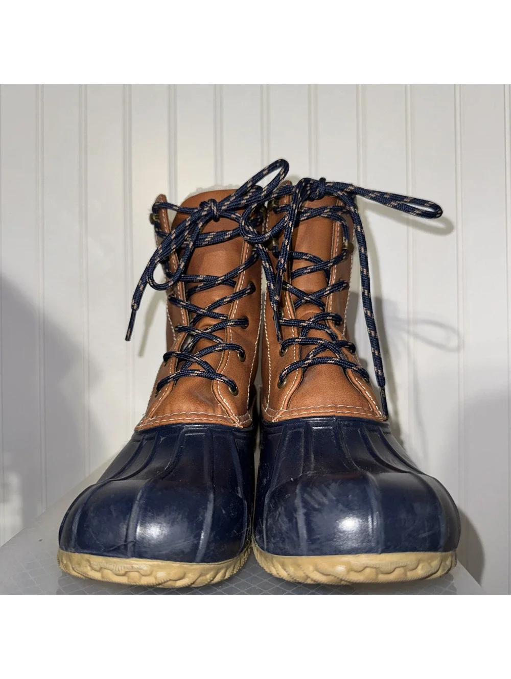 Rampage Womens Deerie Duck Boots Synthetic Size 7 Brown Navy Winter Rain Snow